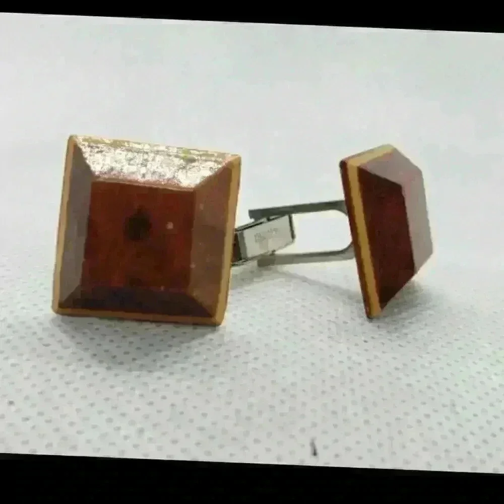 Vintage Wood Cufflinks Cuff Links Mid Century Hand Made Wooden Carved Mod 1950